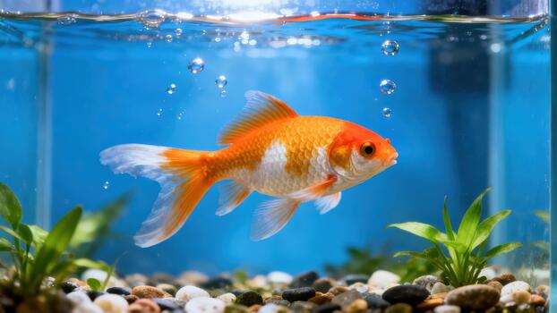 Bicolored orange and white goldfish swimming horizontally inside a bright aquarium above multicolored gravel and aquatic plants. photo
