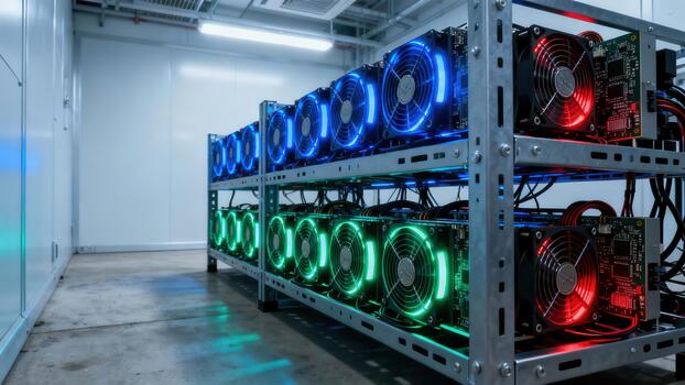 Cryptocurrency mining rig array featuring rows of graphics processing units mounted on a metal shelf rack illuminated by vibrant blue, green, and red LED cooling fans. photo