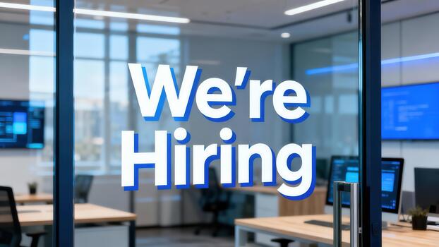 White and blue 'We're Hiring' phrase displayed prominently on a modern clear glass office partition overlooking bright professional workstations. photo