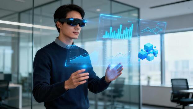 Young East Asian man wearing augmented reality smart glasses interacting with glowing blue holographic business data visualizations in an office. photo