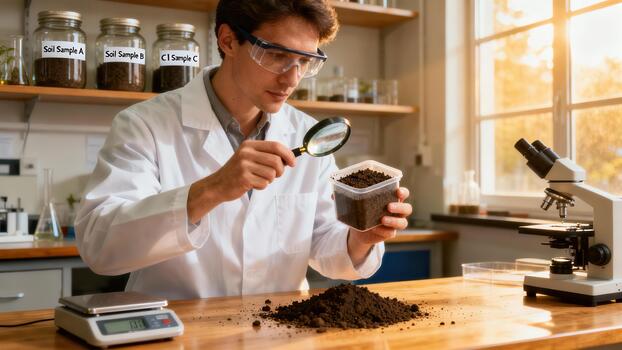 Male scientist analyzing dark brown earth soil sample inside a research laboratory using a magnifying glass near a sunlit window. photo