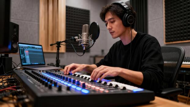 Dedicated male musician wearing black shirt plays illuminated digital MIDI controller keyboard in professional recording environment. photo