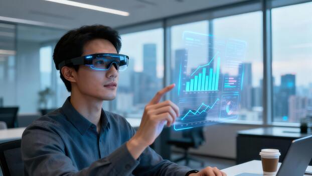 Businessman wearing mixed reality goggles analyzing glowing blue financial graphs hovering in a modern high-rise office. photo