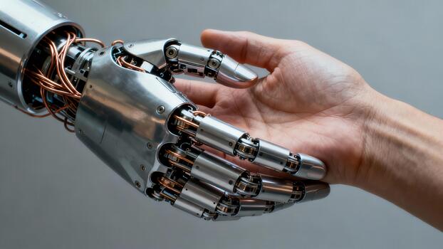 Robotic silver prosthesis hand featuring exposed copper wires gently interacts with a pale human hand representing connection. photo