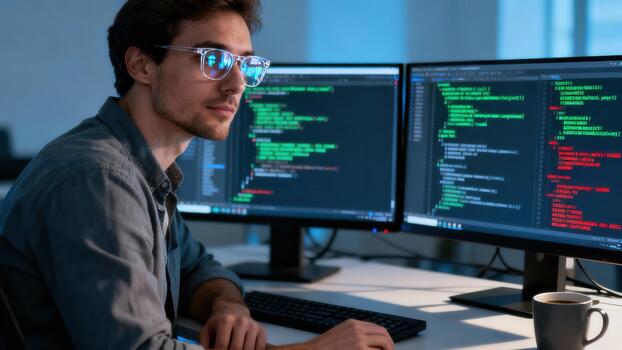Young adult male programmer wearing clear frame glasses analyzing multicolored code on dual computer monitors in a dark office. photo