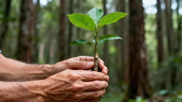 maduro manos participación un frágil verde árbol planta de semillero con grande hojas terminado oscuro Rico suelo en un enselvado área. foto