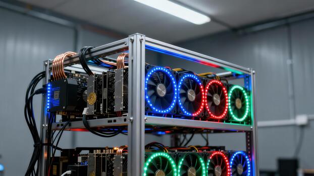 Open-air cryptocurrency mining rig rack featuring multiple glowing cards with blue, red, and green cooling fans. photo