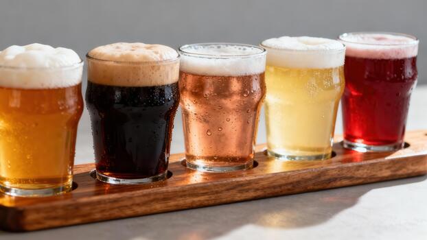 Tasting flight of five colorful craft beer samples, ranging from light yellow lager to dark brown stout and ruby red fruit ale, served on a wooden paddle. photo