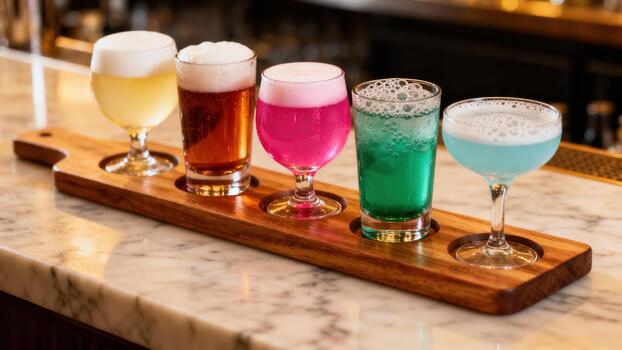 Five vibrant mixed drink samples displayed on a dark wooden tasting paddle resting on a white marble bar counter. photo