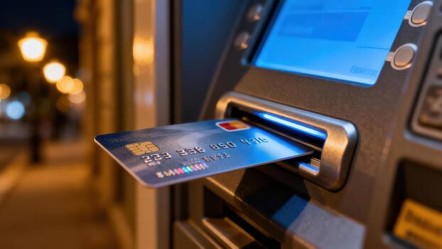 Plastic financial chip card being inserted into an automatic teller machine reader slot glowing with bright blue light at nighttime. photo