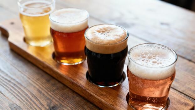 Tasting paddle holding four small glasses of varied-color craft beer flights displayed on a rustic wood plank table. photo