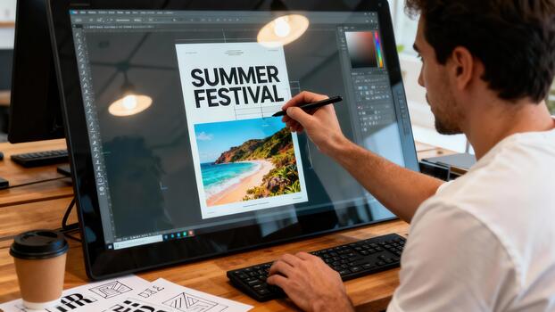 Professional graphic designer edits a digital summer festival flyer design using a stylus pen on a large interactive drafting screen. photo