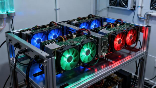 Powerful dedicated computing rig with multiple installed graphics cards featuring brightly glowing blue, green, and red LED cooling fans. photo