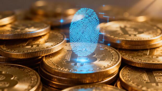 Digital biometric fingerprint icon illuminated blue above stacked gold cryptocurrency coins symbolizing secure modern finance. photo
