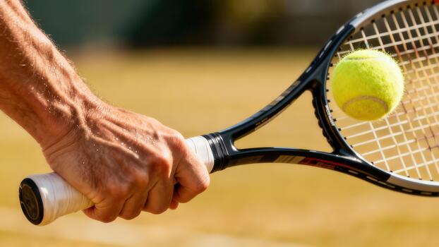 Adult man's sweaty hand tightly gripping the white handle of a black tennis racket with a neon yellow ball above the strings. photo
