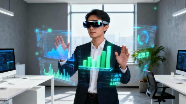 Asian man in a suit wearing futuristic smart glasses interacts with glowing holographic financial bar charts and data visualizations. photo