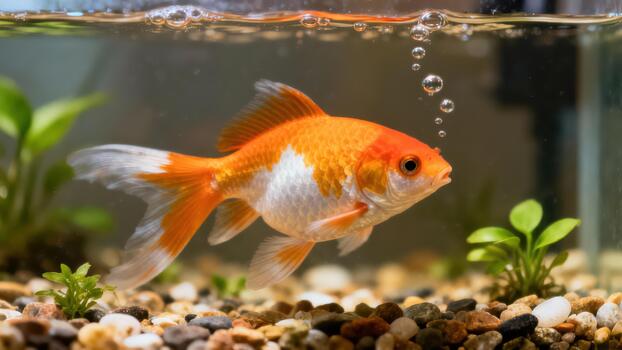 Orange and white patterned goldfish swimming near the water surface with tiny bubbles rising in a small glass fish tank. photo
