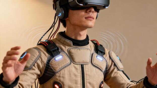 Young man controls virtual world using advanced VR headset, wired headphones, and beige futuristic haptic simulation suit glowing with blue lights. photo
