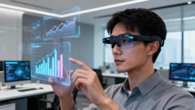 Focused Asian professional wearing augmented reality headset manipulating glowing holographic bar and line charts detailing financial business data. photo