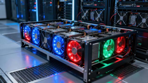 Specialized high-performance computer mining rig chassis with multiple colorful LED cooling fans in a professional server room. photo