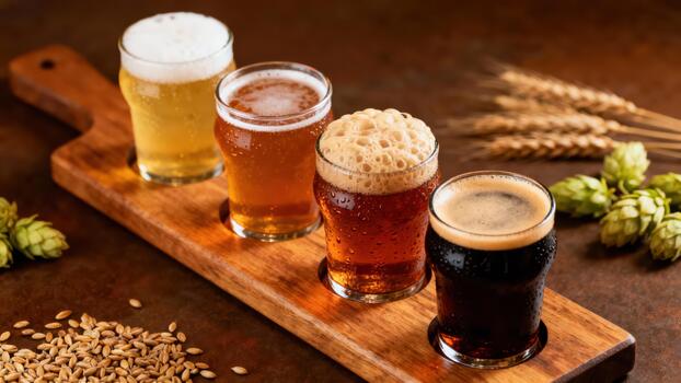 Different varieties of craft beer flight samples presented on a rustic wooden serving paddle with malted barley and green hop cones. photo