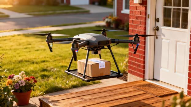 Autonomous gray quadcopter drone delivers a corrugated cardboard package to the front porch of a red brick suburban home. photo