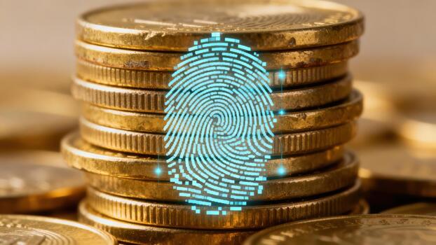 Shiny stack of golden currency coins featuring an illuminated turquoise digital fingerprint representing financial security and biometric authentication. photo