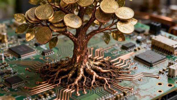 con raíces de cobre miniatura árbol escultura con dorado moneda hojas creciente desde un verde electrónico circuito tablero. foto