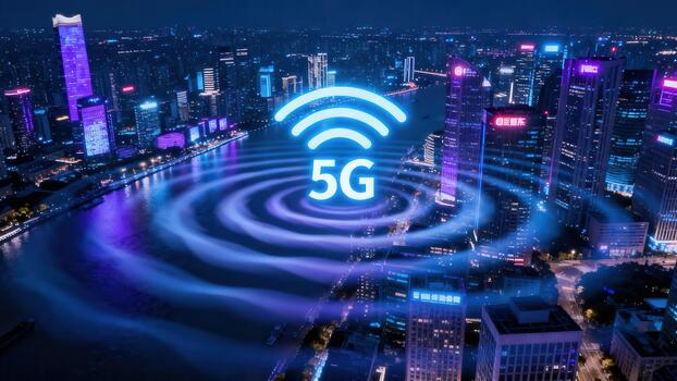 Next generation 5G wireless technology symbol radiating digital data waves over a dark metropolitan cityscape beside a reflective river. photo