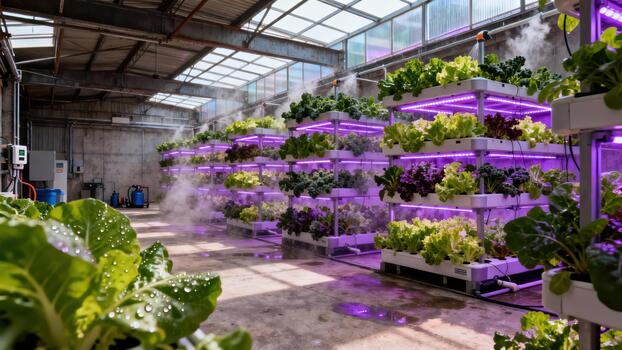 Multilayered industrial vertical farm structure using purple LED lights for growing various green and red leafy vegetables. photo