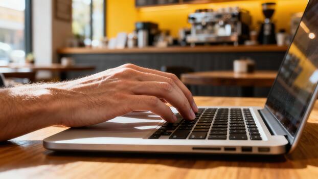 Caucasian hand operating a silver aluminum laptop computer keyboard on a bright wooden table in a sunlit cafe environment. photo