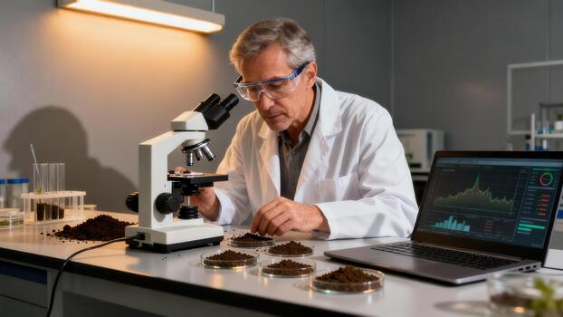 Senior male researcher analyzes multiple dark brown soil samples on petri dishes using a compound microscope in a scientific laboratory setting. photo