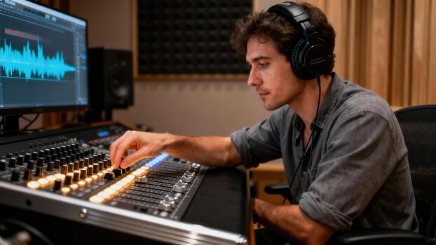 Dedicated audio producer wearing professional black headphones adjusts fader levels on a large illuminated digital sound mixing console. photo