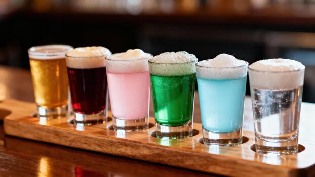 Six small glasses of multicolored foaming cocktail samples displayed on a wooden tasting flight tray in a dim bar. photo