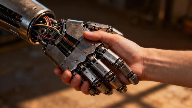Detailed of human hand shaking polished metallic android hand with exposed internal wiring in industrial setting. photo