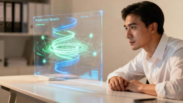 Focused East Asian professional views advanced holographic screen displaying glowing blue and green double helix data regarding predictive behavior. photo