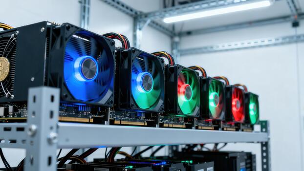 Row of graphics processing units installed on metal rack for cryptocurrency mining featuring bright blue, green, and red illuminated cooling fans. photo