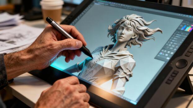 Designer's hand uses a stylus pen on a large interactive display, digitally sculpting a low-poly fantasy female character statue. photo