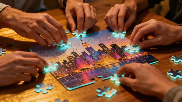 Multiple hands assemble a partially completed glowing jigsaw puzzle depicting a colorful nighttime city skyline. photo