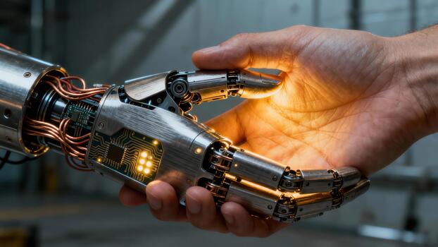 Flesh hand gripping glowing brushed silver prosthetic arm displaying intricate internal copper wiring and circuitry. photo