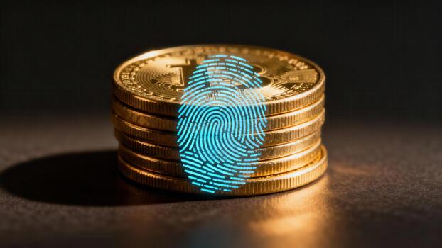 Golden digital currency coins stacked together featuring an illuminated blue biometric fingerprint for enhanced security. photo