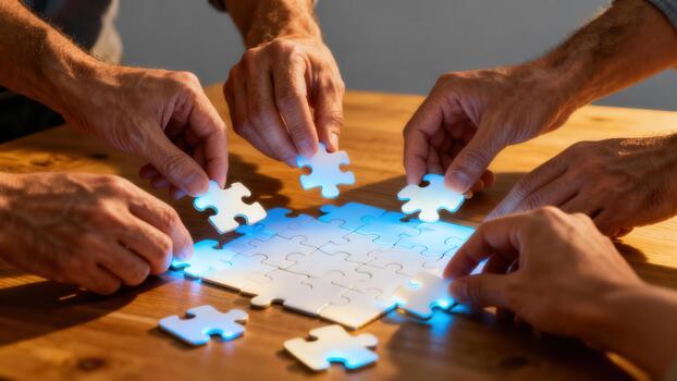 Multiple adult hands collaboratively assembling a glowing white jigsaw puzzle on a dark wooden table symbolizing teamwork and innovation. photo