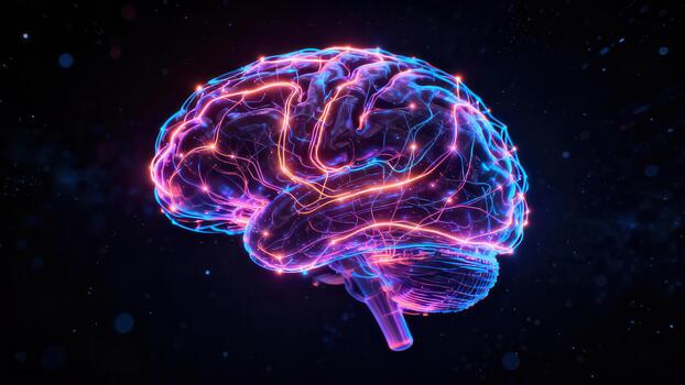 Stylized human brain depicted with glowing neon blue and pink lights representing complex neurological synaptic connections. photo