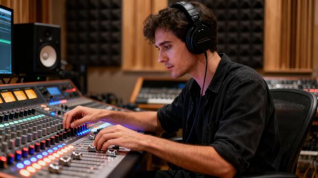 Focused male audio producer adjusts controls on a brightly lit sound mixing console inside a professional recording . photo