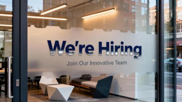 Entrance door of modern office building displaying 'We're Hiring' recruitment message on frosted pane, inviting innovative team members. photo