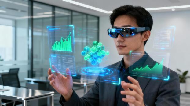 Professional man wearing augmented reality eyewear interacts with blue and green glowing data visualizations floating within a modern corporate office. photo