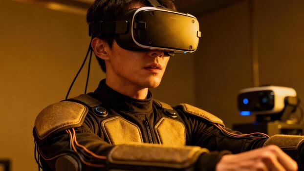 Focused user wearing black virtual reality headset and specialized cyber suit in dimly lit futuristic environment. photo