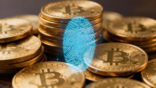 Biometric security fingerprint glowing blue over large stacks of physical gold Bitcoin cryptocurrency coins. photo