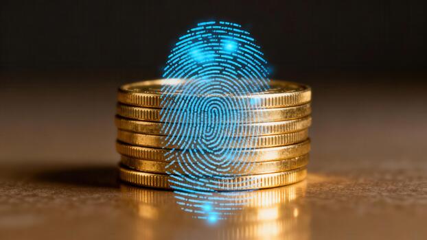 Digital biometric fingerprint overlay glowing bright blue above a vertical stack of reflective golden currency coins. photo
