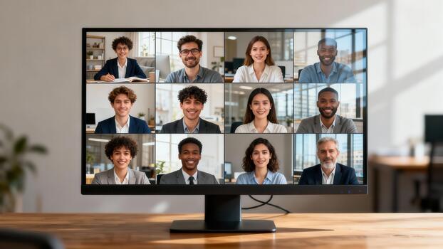 Smiling diverse business professionals attending a conference call displayed on a desktop computer screen in an office setting. photo